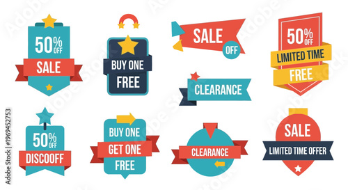 Colorful sale promotion badges for discounts and special offers isolated
