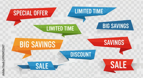 Colorful sale promotion ribbons and labels for advertising and marketing