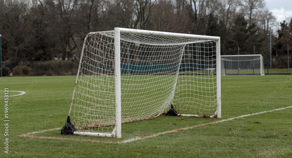 Fototapeta premium Worn soccer goals with mended nets on a grass lawn regularly used by youth football teams