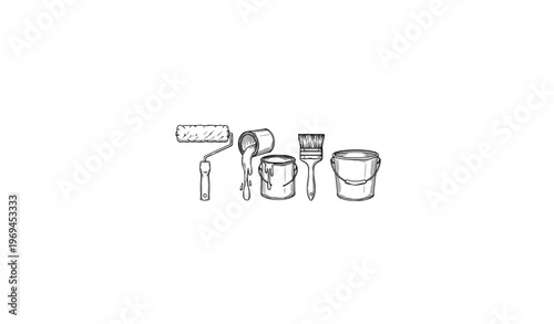 Wall Painting Tools Set Line Art Vector Illustration Roller Brush Bucket
