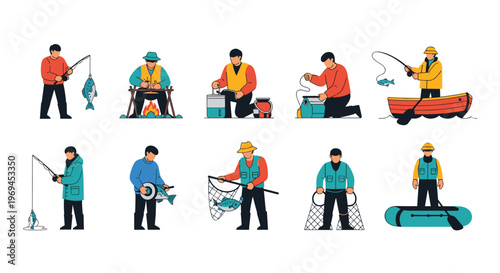 Fishing Activity Collection with Men Fishing, Netting, and Boating for Outdoor, Adventure, and Sport Graphics