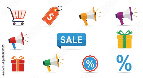 Colorful shopping and sales icons set for retail promotions and marketing