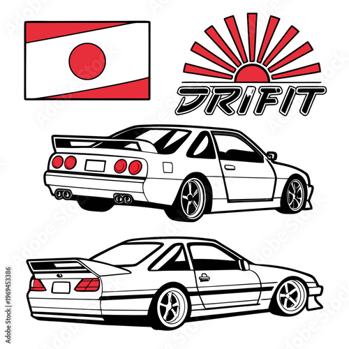Drift car and rising sun graphic