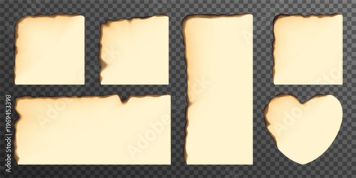 Old paper with burnt corner, fired edge of aged book sheet. Tear texture effect, round heart frame or square page with fiery border. Beige ripped ashed parchment, realistic heat damaged note blank