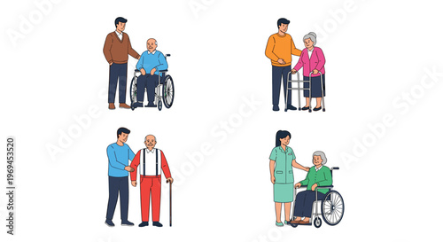 Caregiver and Elderly Assistance Collection with Wheelchairs, Walkers, and Supportive Care Graphics