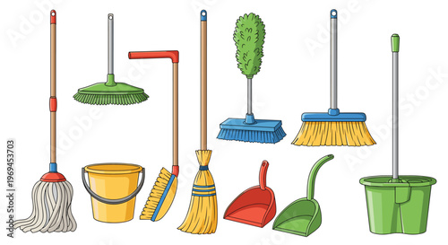 Cleaning Tools Collection with Mops, Brooms, Dustpans, and Buckets for Household, Cleaning, and Chores Graphics