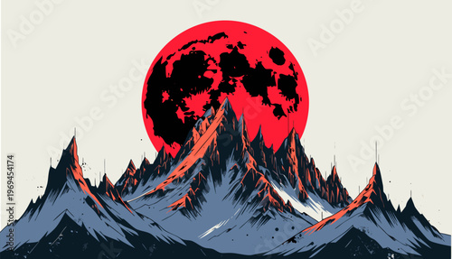 Dramatic Red Blood Moon Rising Over Black Volcanic Mountains in Minimalist Vector Style.eps