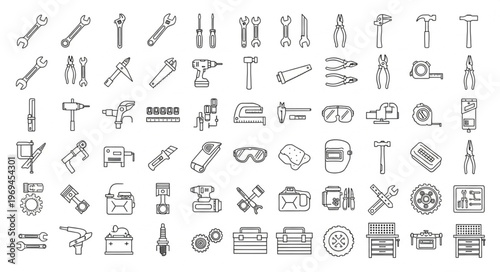 Collection of Hand Drawn Industrial Tools and Equipment Icons.