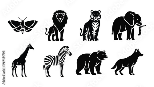 A collection of african wildlife and insects depicted in a stark black silhouette style high quality professional detailed modern elegant stylish
