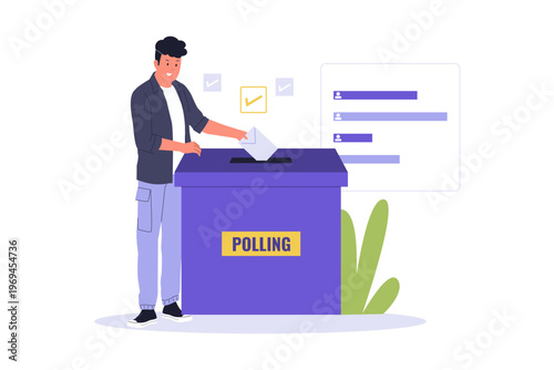 Public Polling and Voting Concept Illustration. Man character putting a ballot paper into a polling box for election or public opinion gathering