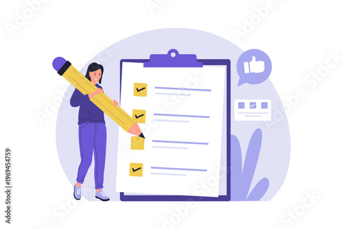 Illustration of Questionnaire Survey and Data Collection. Woman character filling out a large questionnaire form with a pencil for research and feedback collection