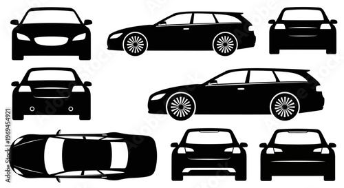 Black Silhouette Station Wagon Car Views: Front, Side, Rear, Top - Vector Illustration