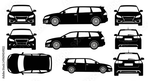 Black Silhouette Station Wagon Car Views: Front, Side, Rear, Top, Angled
