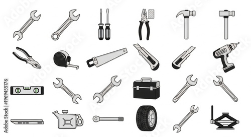 Collection of Hand Drawn Tools and Equipment Icons.