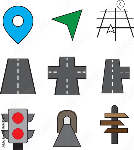 Colorful road set and navigation icons. Highways ,direction, map pointer, routes editable icon sets