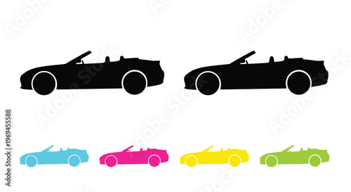Stylized convertible car silhouettes in various colors and monochrome