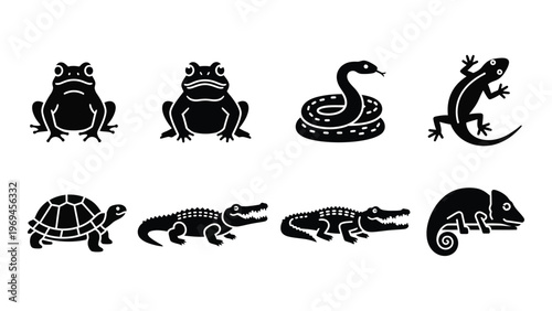 A collection of reptile and amphibian silhouettes including frogs snakes lizards a turtle and a chameleon silhouette high quality professional detailed