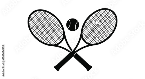 Two tennis rackets crossed with a tennis ball in the center