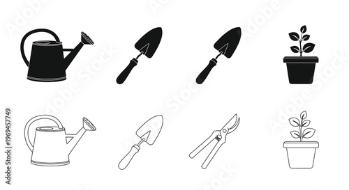 Gardening tools and potted plants in a simple black and white illustration