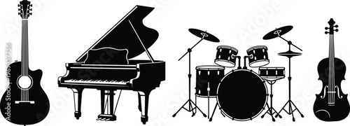 Black silhouette musical instruments including guitar, piano, drum set, violin, diverse sound family illustration design concept
