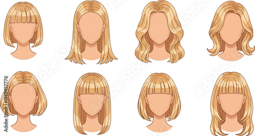 Blonde female hairstyles collection, different haircut styles, short and long hair, fashion beauty illustration, women hair set, salon design, trendy looks, vector