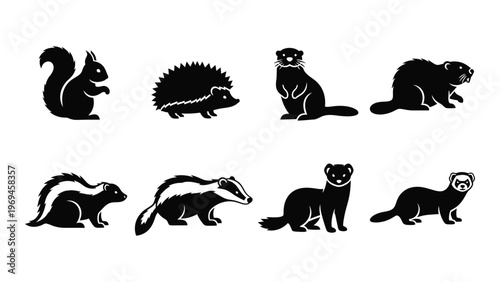 A collection of eight black animal silhouettes including a squirrel hedgehog ferret and beaver on a white background silhouette high quality