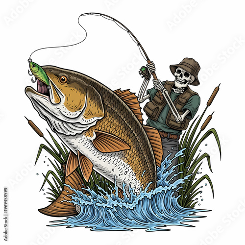 Skeleton fisherman catching a large redfish with a lure in marsh grass vintage vector illustration