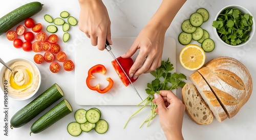 Hands preparing fresh mediterranean-inspired cuisine with vibrant vegetables © Sayingot