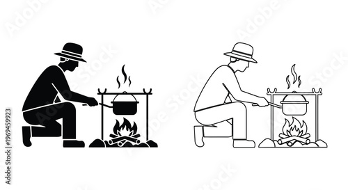 A person cooking over an open fire shown in two styles