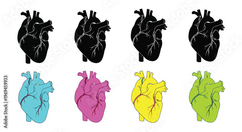 Anatomical hearts in multiple colors arranged in a grid pattern