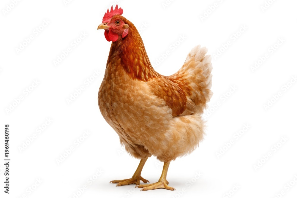 Fototapeta premium Chicken standing upright with visible beak and feathers on white background