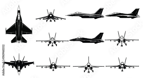Black and white silhouettes of modern fighter jets in various perspectives