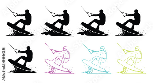 Silhouette kitesurfers in multiple vibrant color variations and black