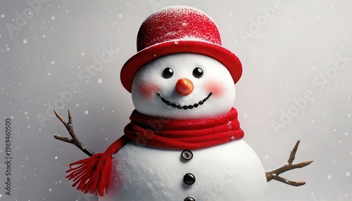 Boneco de neve sorridente usando um chapéu vermelho e cachecol combinando sob a neve caindo suavemente em um cenário de inverno festivo e alegre.
