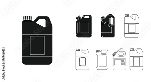 Black and white illustration of various plastic containers with handles