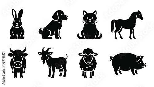 A collection of farm and wild animals are depicted in a stark black design a striking silhouette high quality professional detailed