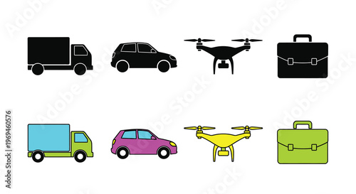 Colorful icons depicting a van car drone and briefcase