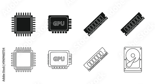 Computer hardware components microchips memory and storage devices illustrated