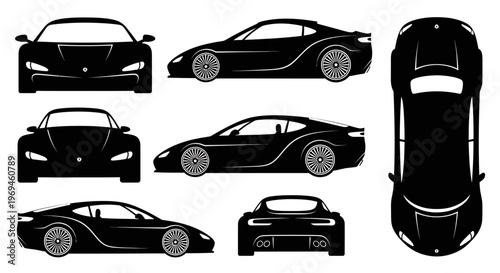 Black Sports Car Silhouette: Multiple Views - Front, Side, Top, Rear