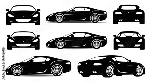 Black sports car silhouette collection: front, side, rear views, isolated on white