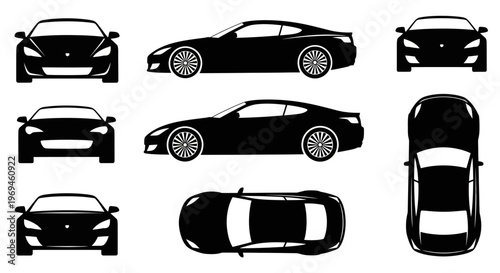 Black Sports Car Silhouette - Multiple Views: Front, Side, Top