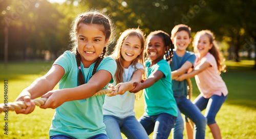 Smiling children engaged in energetic tug of war contest perfect for promoting active outdoor youth lifestyle and collaborative summer friendship teamwork