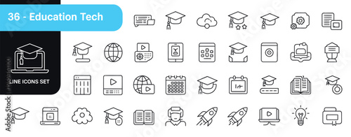 Education technology icon set with editable stroke, thin linear vector illustration showing online learning, digital classroom, e learning platforms and academic tools.