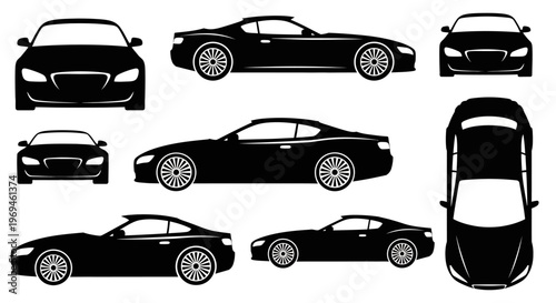 Black Sports Car Silhouette Collection: Multiple Views - Front, Side, Top, Rear