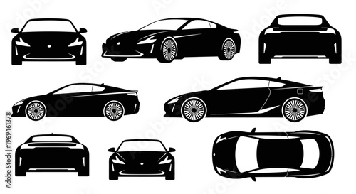 Black Sports Car Silhouette Collection: Multiple Views of a Sleek Vehicle
