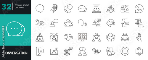 Conversation icon set. Containing chat, speech, discussion, talking, speaking, communication, interview, message, speech bubble, and more. Editable line icons. Vector illustration.