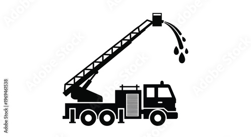 Black and white silhouette of a fire truck with extended ladder spraying water