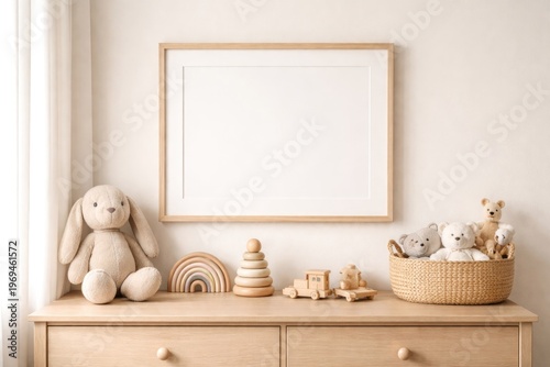 Minimalist baby room art frame mockup featuring playful toys and soft lighting