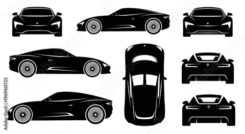Black Sports Car Silhouette: Front, Side, Top, and Rear Views