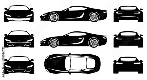 Black Sports Car Silhouette: Front, Side, Top Views